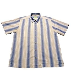 Tommy Bahama Shirt Men Size L Blue Button Up Short Sleeve Cotton Silk Stripe